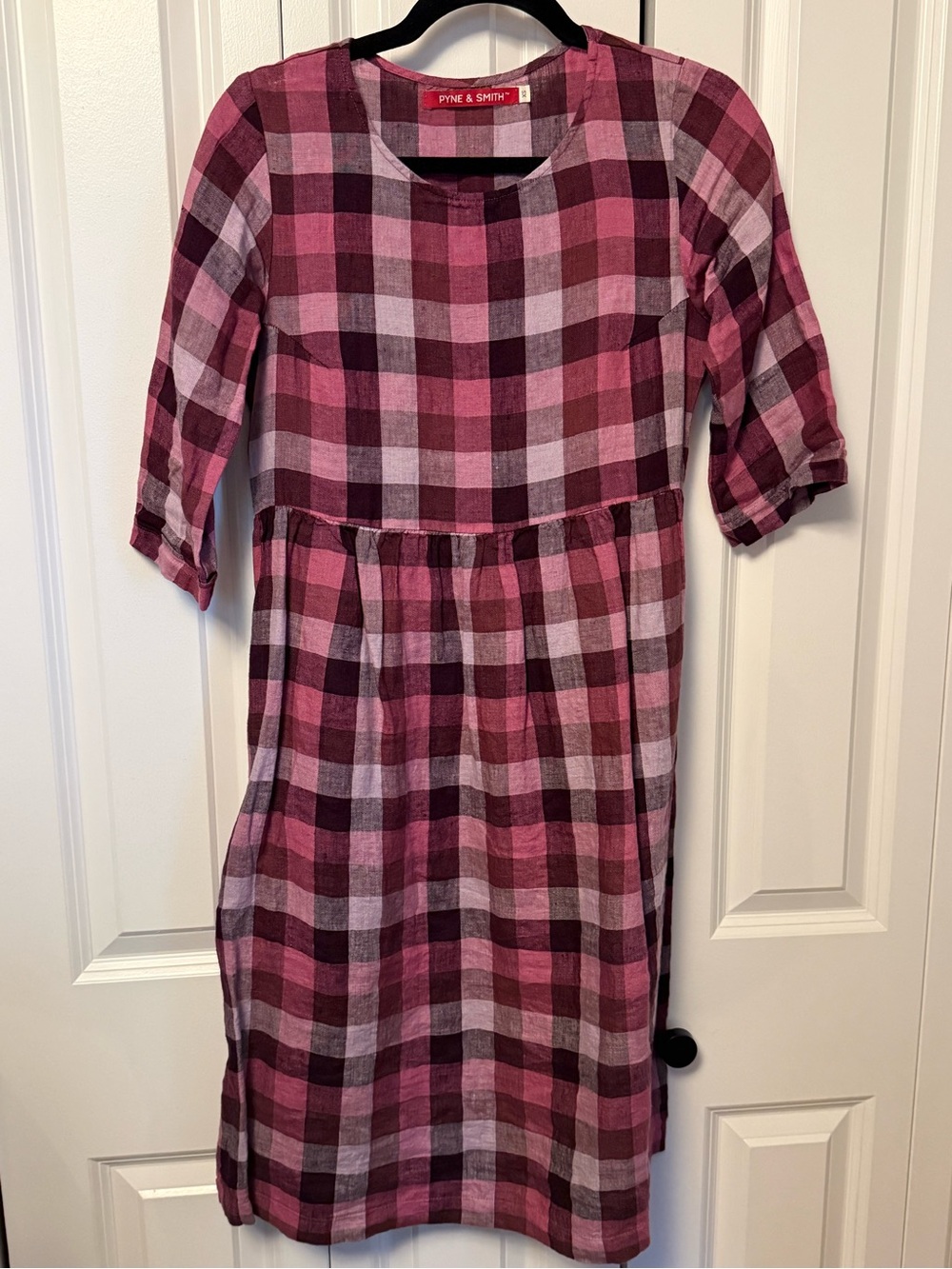 Pyne & Smith Pink Purple Plaid Linen Midi Dress